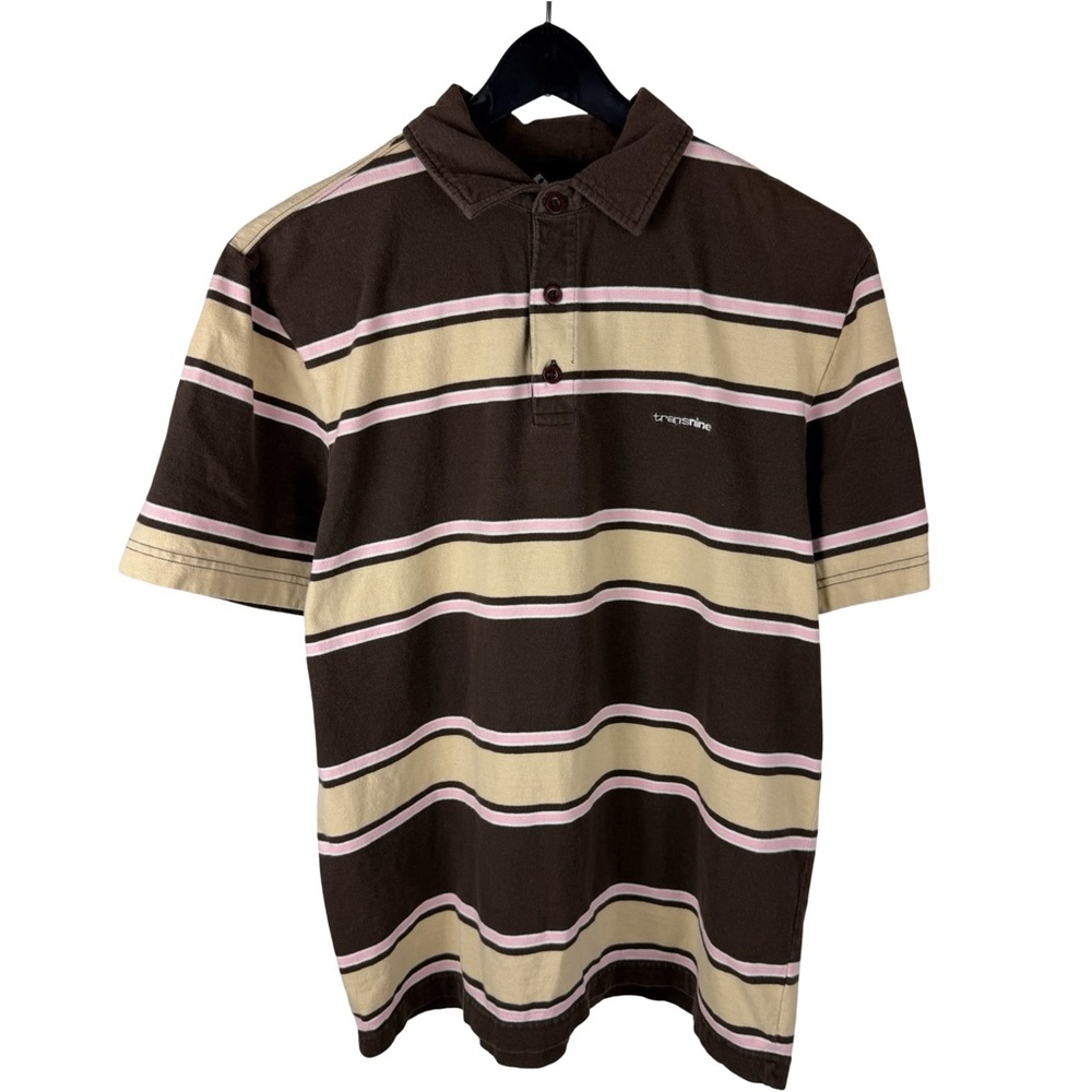 Vintage Y2K Transnine Striped Streetwear Style Brown Polo Shirt Size M